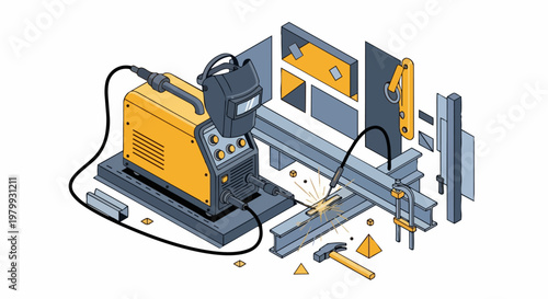Isometric Welding Machine and Metal Fabrication Vector Illustration with Industrial Equipment, Steel Beams and Welding Mask