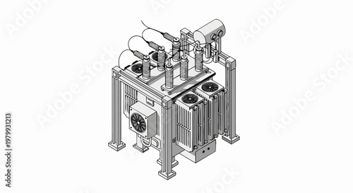 Isometric Technical Line Art of a High-Voltage Power Transformer - Industrial Electrical Substation Equipment Illustration Isolated on White Background