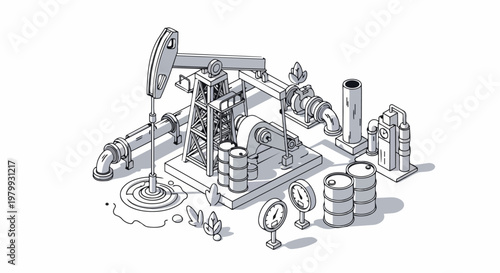 Isometric Oil Extraction Site Illustration with Pump Jack, Pipelines, Barrels, and Industrial Equipment