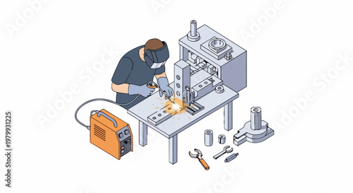 Isometric Illustration of a Professional Welder Working at a Workbench with Industrial Equipment and Safety Gear in a Factory Workshop Environment