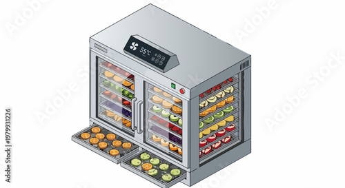 Industrial Food Dehydrator Machine with Trays of Sliced Fruits, Isometric Vector Illustration