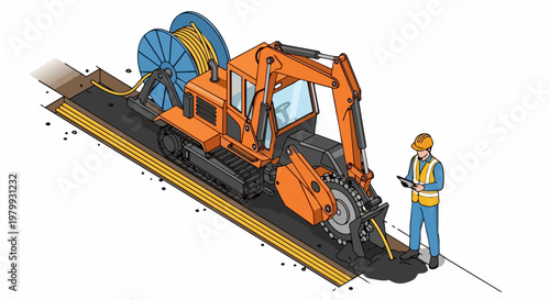 Isometric Illustration of a Rock Wheel Trencher Laying Fiber Optic Cables with Construction Engineer Monitoring Infrastructure Development