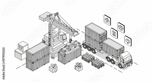 Isometric Logistics and Supply Chain Illustration Featuring Cargo Crane, Shipping Containers, and Delivery Truck in Minimalist Line Art Style