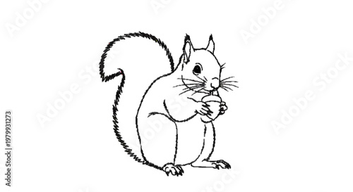 squirrel holding and playing with acorn, clean outline drawing, white background