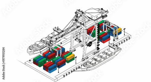 Isometric Line Art Illustration of a Global Shipping Port with Container Ships, Gantry Cranes, and Cargo Containers for Logistics and Supply Chain Concepts
