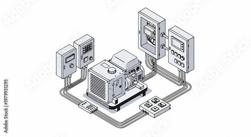 Isometric Industrial Power Generator and Electrical Control Panel System Line Art Illustration