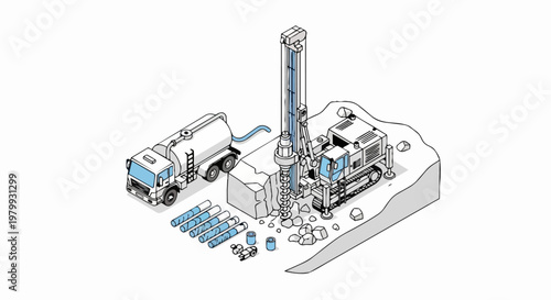 Isometric Industrial Drilling Rig and Water Tanker Truck on Construction Site Illustration for Geotechnical Engineering and Foundation Works