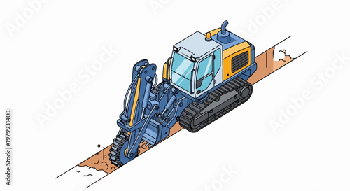 Isometric Heavy Duty Trenching Machine Excavator Digging a Trench for Utility Pipe Laying
