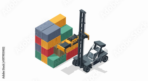 Isometric 3D Reach Stacker Moving Shipping Containers, Industrial Logistics and Cargo Transport Concept
