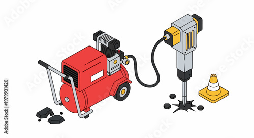 Isometric Pneumatic Jackhammer with Red Air Compressor and Traffic Cone for Road Construction Illustration