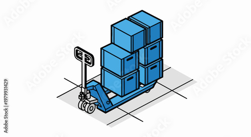 Isometric Blue Pallet Jack Loaded with Storage Boxes for Logistics, Warehouse Management, and Shipping Services