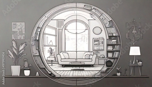 Interior design concept within a sphere.