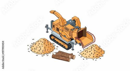 Industrial Tracked Wood Chipper and Mulcher with Logs and Wood Chips, Isometric Forestry Equipment Illustration