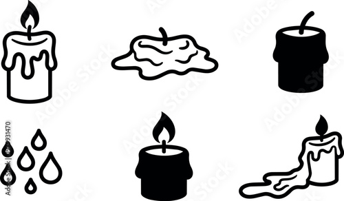 Black and white candle icons with flames and melting wax shapes
