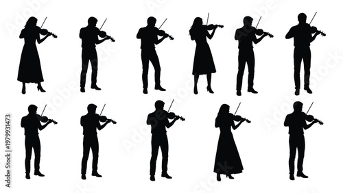 A collection of silhouette figures depicting people playing violins in various poses and arrangements against a white background high quality professional