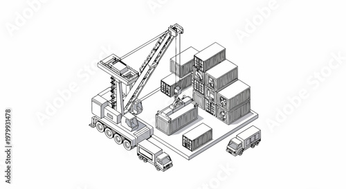 Isometric Line Art Illustration of a Logistics Port with Crane, Shipping Containers, and Cargo Trucks