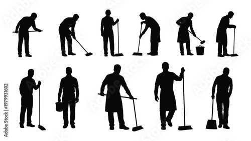 A collection of silhouettes depicting various cleaning personnel engaged in different janitorial tasks and postures high quality professional detailed modern elegant