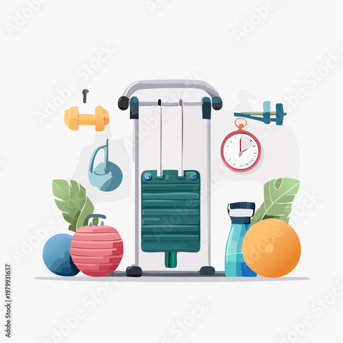 Vibrant flat design illustration of diverse fitness and gym equipment for a comprehensive workout session