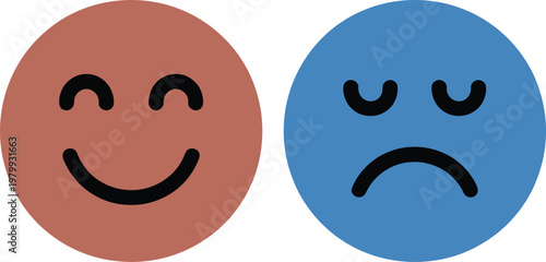 Two circular emoticons showing contrasting emotional states of happiness and sadness in simple flat style icons