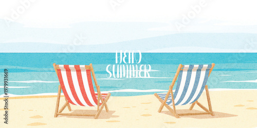 Abstract summer minimal horizontal poster, cover, banner, card with bright sea, blue sky and striped beach chairs. Summer holidays, journey, vacation travel illustration.