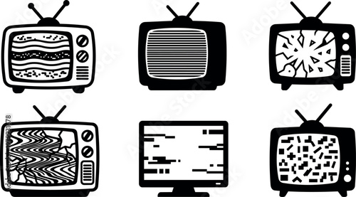 Six retro style televisions with static and broken screens