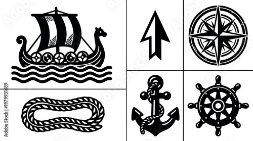 Black and white viking ship anchor compass steering wheel rope nautical icons