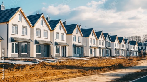 Row of new identical houses in a sunny residential neighborhood