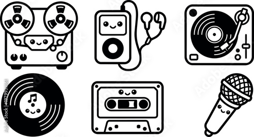 Cute black and white music icons with smiling faces including cassette tape vinyl and microphone