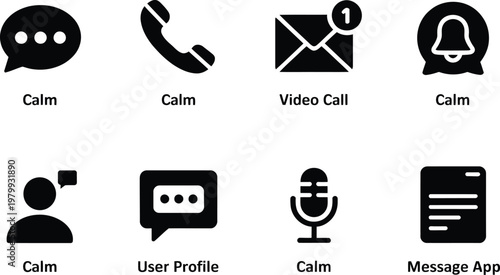Set of black communication and interface icons featuring messaging call notification and user profile symbols