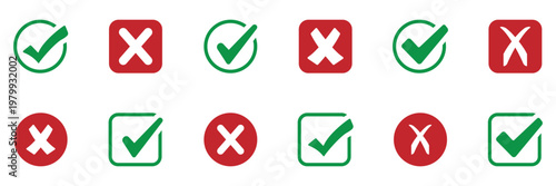 Check mark icon button set. Check box icon with right and wrong buttons and yes or no checkmark icons in green tick box and red cross. Symbols of approval and Decline. vector illustration.