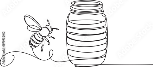 Bee and Glass canning jar with honey in continuous line art drawing style. Food preserve. Continuous one line drawing of honey glass jars. Sweet pure honey. one line Icon drawing
