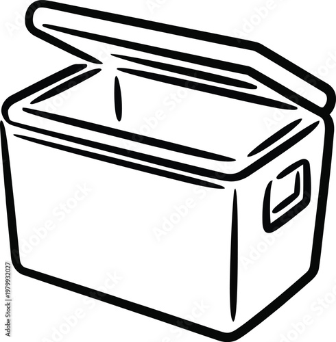 Portable insulated cooler box with an open lid for keeping food and drinks cold outdoors