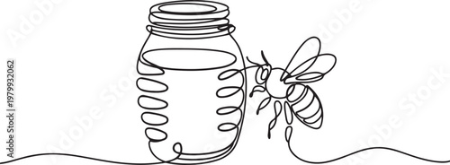 Bee and Glass canning jar with honey in continuous line art drawing style. Food preserve. Continuous one line drawing of honey glass jars. Sweet pure honey. one line Icon drawing