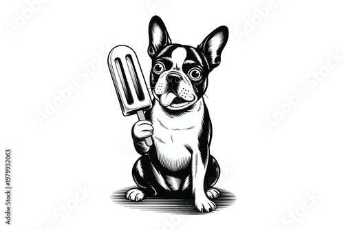 A charming black and white illustration of a boston terrier happily holding a popsicle perfect for creative projects on transparent background.