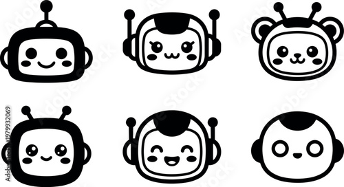 Cute black and white cartoon robot faces with antennas and cheerful expressions vector art