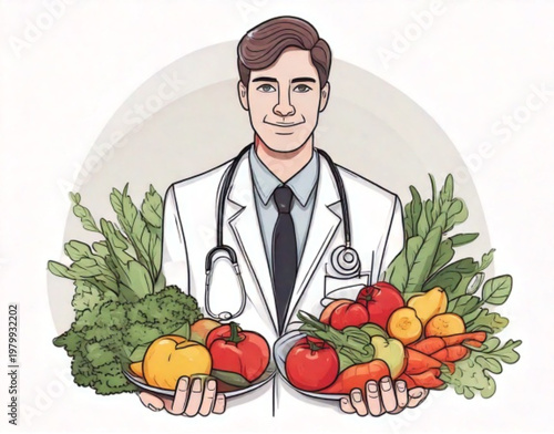 Doctor holding fresh organic fruits and vegetables for healthy eating.