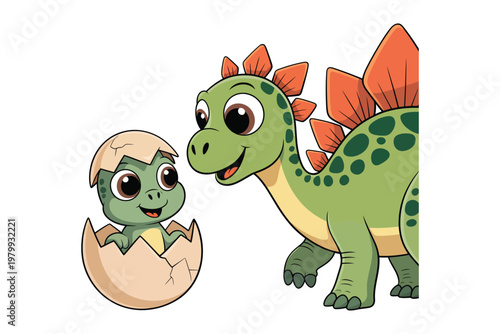 A charming cartoon illustration depicts a baby stegosaurus emerging from an egg watched over by its mother on transparent background.