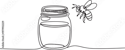 Bee and Glass canning jar with honey in continuous line art drawing style. Food preserve. Continuous one line drawing of honey glass jars. Sweet pure honey. one line Icon drawing