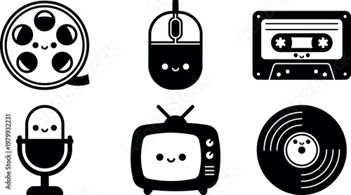Black and white cute technology icons with smiling faces for media and audio devices