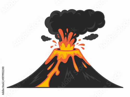 Stylized of a black volcano erupting with orange lava and dark smoke eruption fire