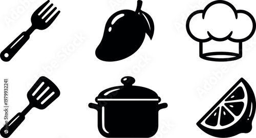 Black and white kitchen utensils and fruit icons including fork mango chef hat spatula pot lemon slice