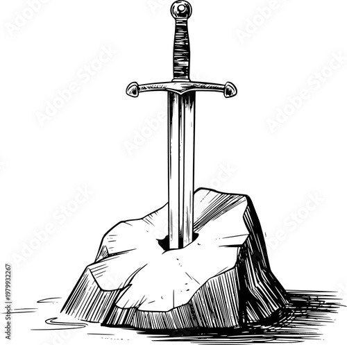 Stylized black and white of a legendary sword embedded in a stone a white background