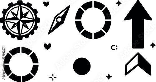Black navigation compass gears arrows and loading ring icons set