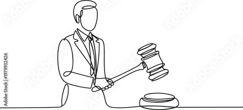Lawyer Continuous one line drawing. People professional profession with hammer judge. Law and justice concept. one line Icon drawing