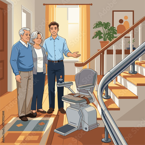 A clean vector illustration of a consultant demonstrating the operation of a modern, curved stairlift to an elderly couple in their hallway. The scene emphasizes ease of use and safety. 