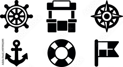Black and white nautical symbols including ship wheel anchor lifebuoy compass well and flag icon set