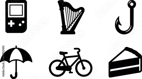 Black and white icons of handheld game harp fishing hook umbrella bicycle and cake slice