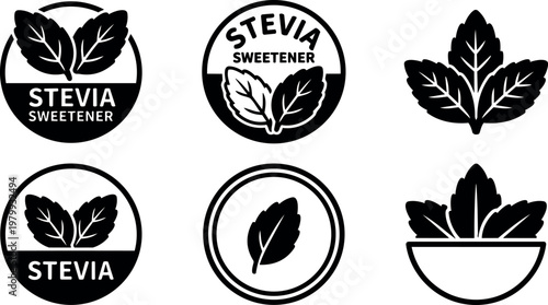 Black and white stevia sweetener leaves round label vector icons set