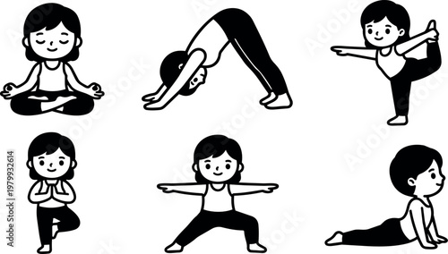 Girl doing six different yoga poses