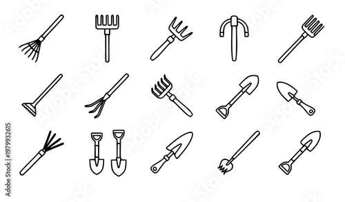 Gardening tools line icon set rake shovel spade vector collection